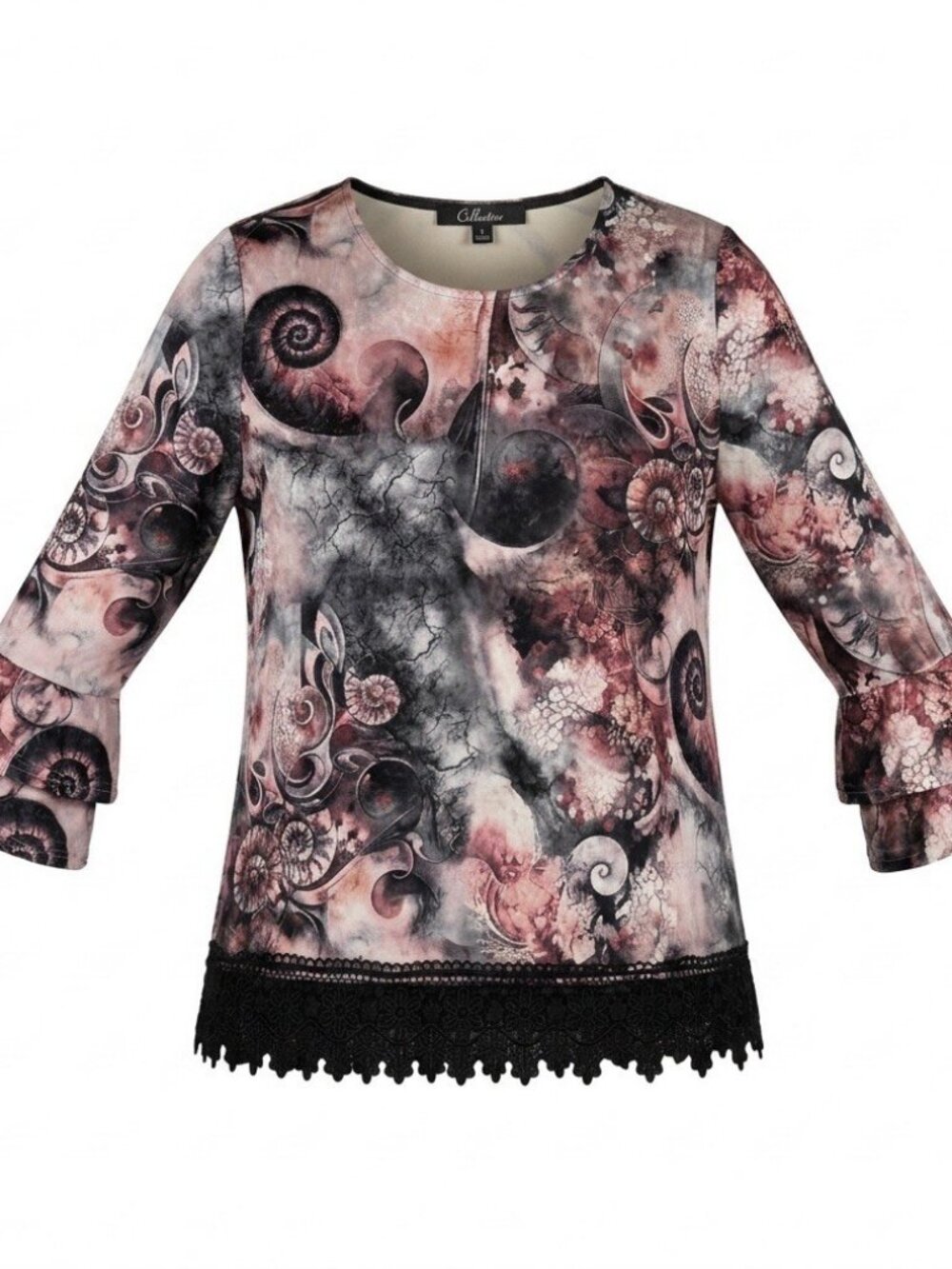 Calessa Boho Artsy Abstract Spiral Tunic Blouse XL Tiered Ruffle Sleeve Lace Hem